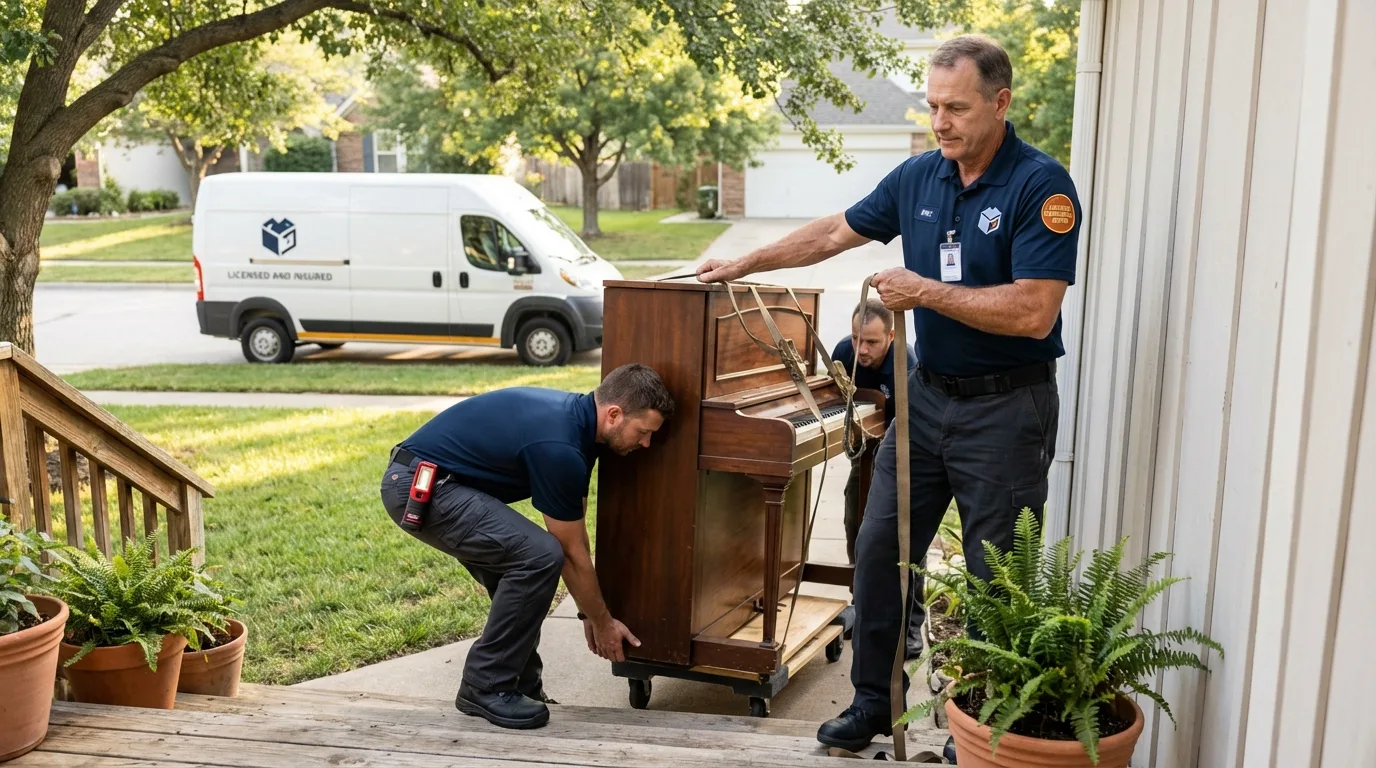 Licensed piano movers securing grand piano in Covington, VA