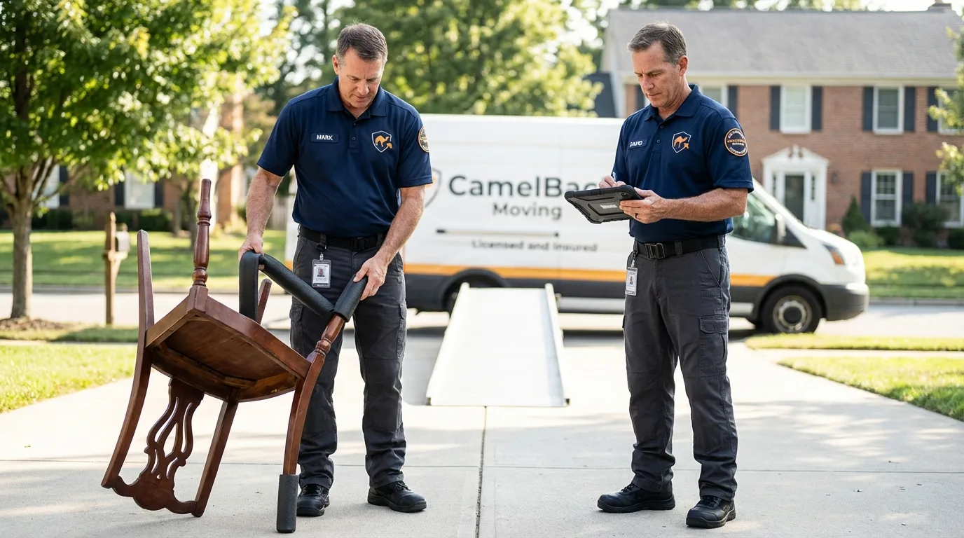 Movers inspecting furniture for damage prevention before loading in Covington, VA